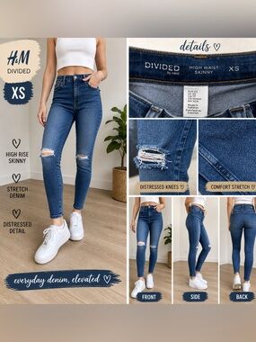 H&M Divided Skinny Jeans XS Blue Distressed Stretch Denim High Rise